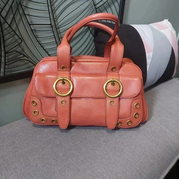 Maxx New York |  Retro Style Coral Leather Satchel Gold Hardware - Picture 1 of 16